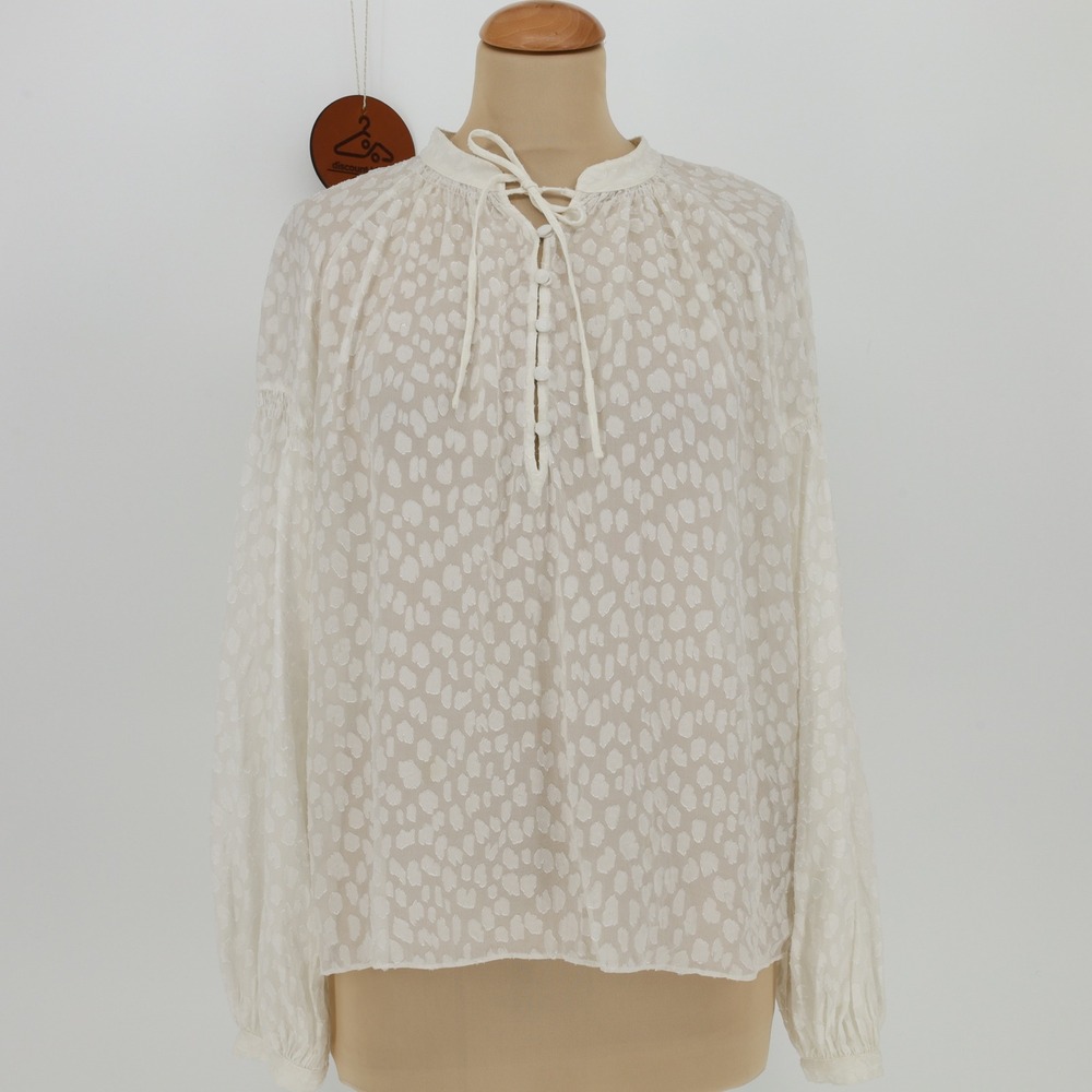 FRAME Peasant Blouse Silk Blend Jacquard Leopard Tie Neck Medium Off White